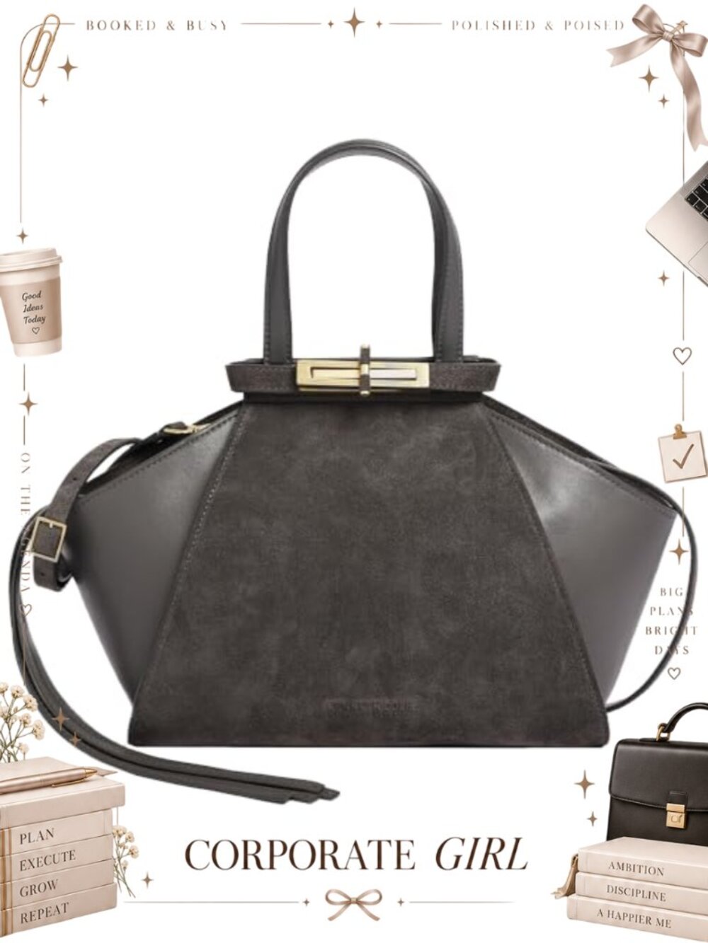 Leather Satchel Crossbody Bag 13" Laptop Gold Hardware Turn Lock